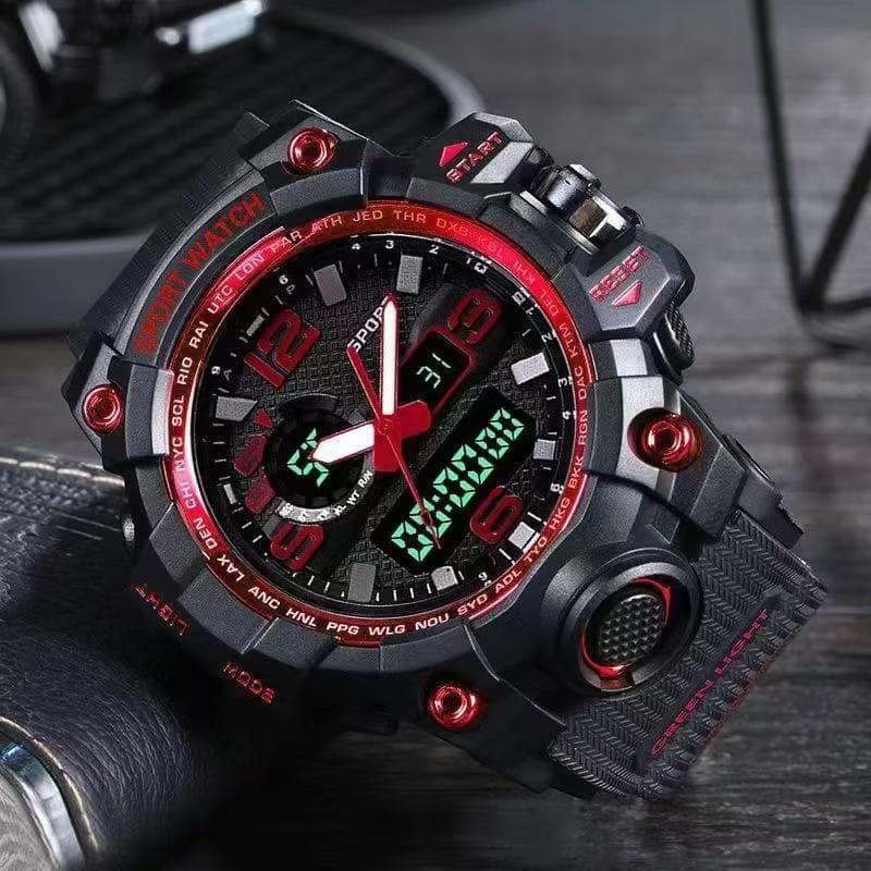 New Sport Relogio Men's Watch Waterproof Military Men's Watches Multifunctional With Dual Display Luminous red