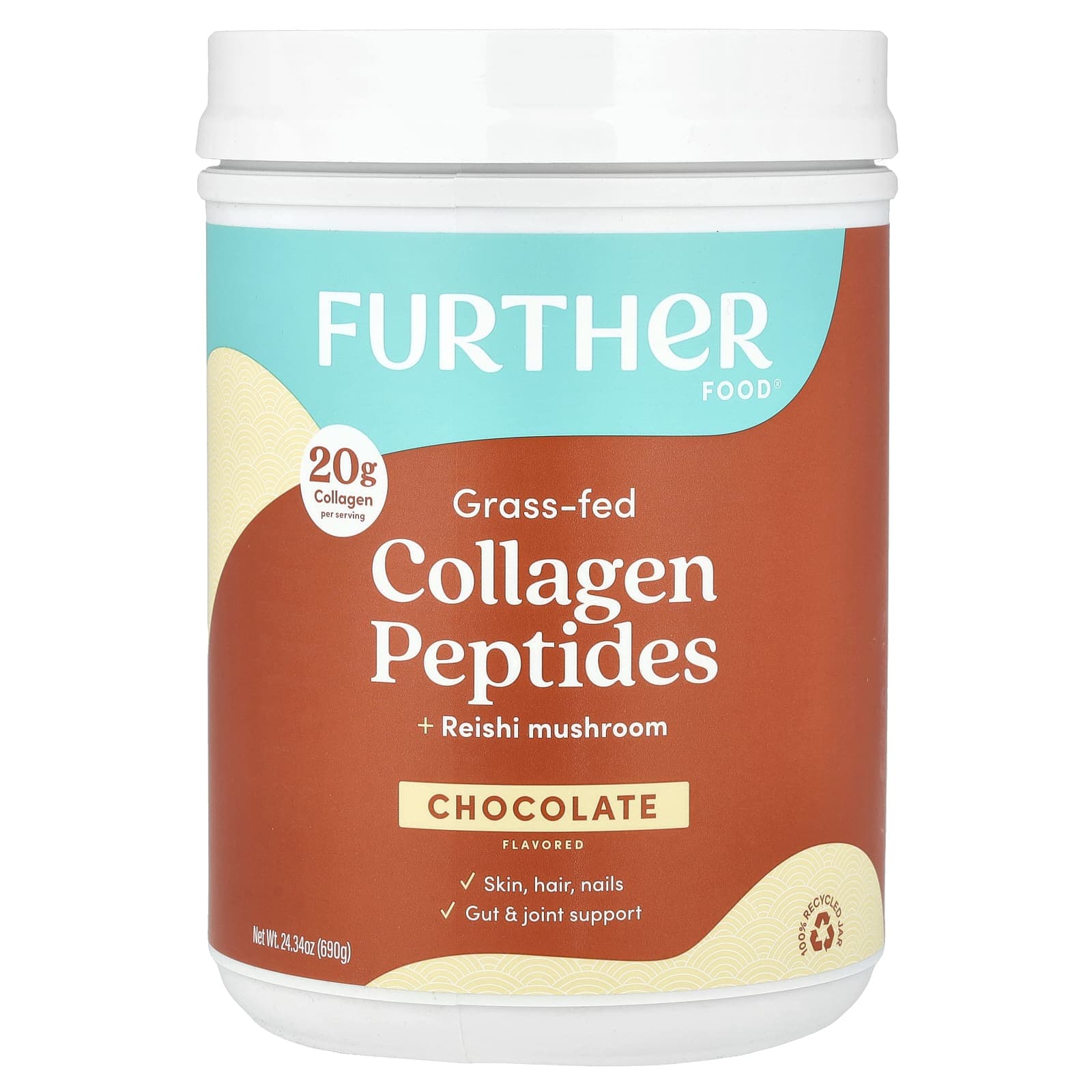 Further Food, Grass-Fed Collagen Peptides + Reishi Mushroom, Chocolate, 1.8 lbs (690 g)