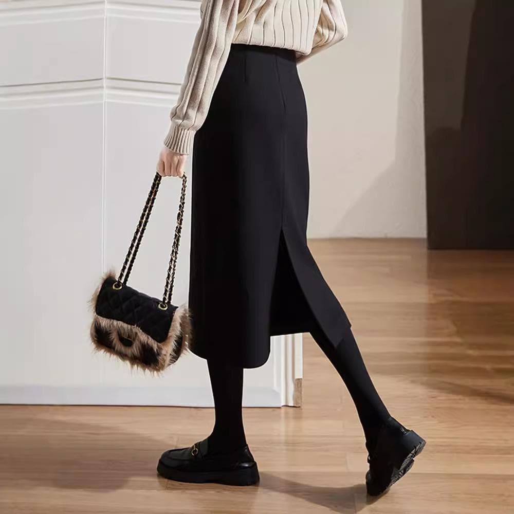 Black Woolen Skirt for Women In Autumn and Winter French Slim Thickened Mid-length Skirt with Slit High Waist Hip Skirt M