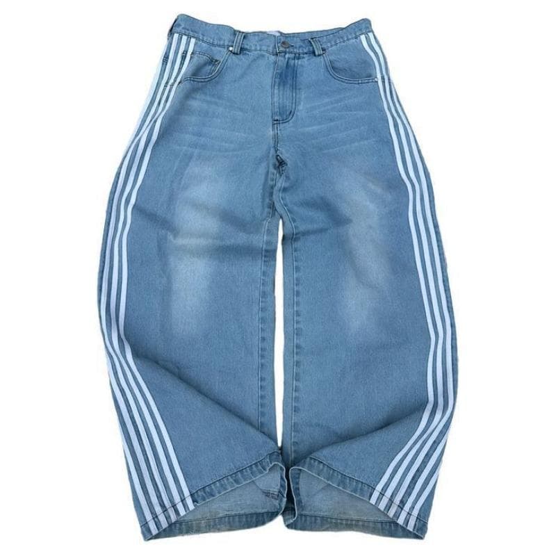 Retro Harajuku Personalized Street Jeans Striped Design Straight Wide-leg Pants Loose Casual Pants 3XL blue