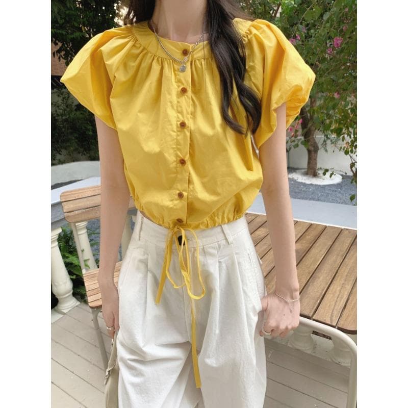 Drawstring Waist-hugging Short-sleeved Shirt for Women's Summer New Slim Short Top Puff Sleeves Short T L yellow