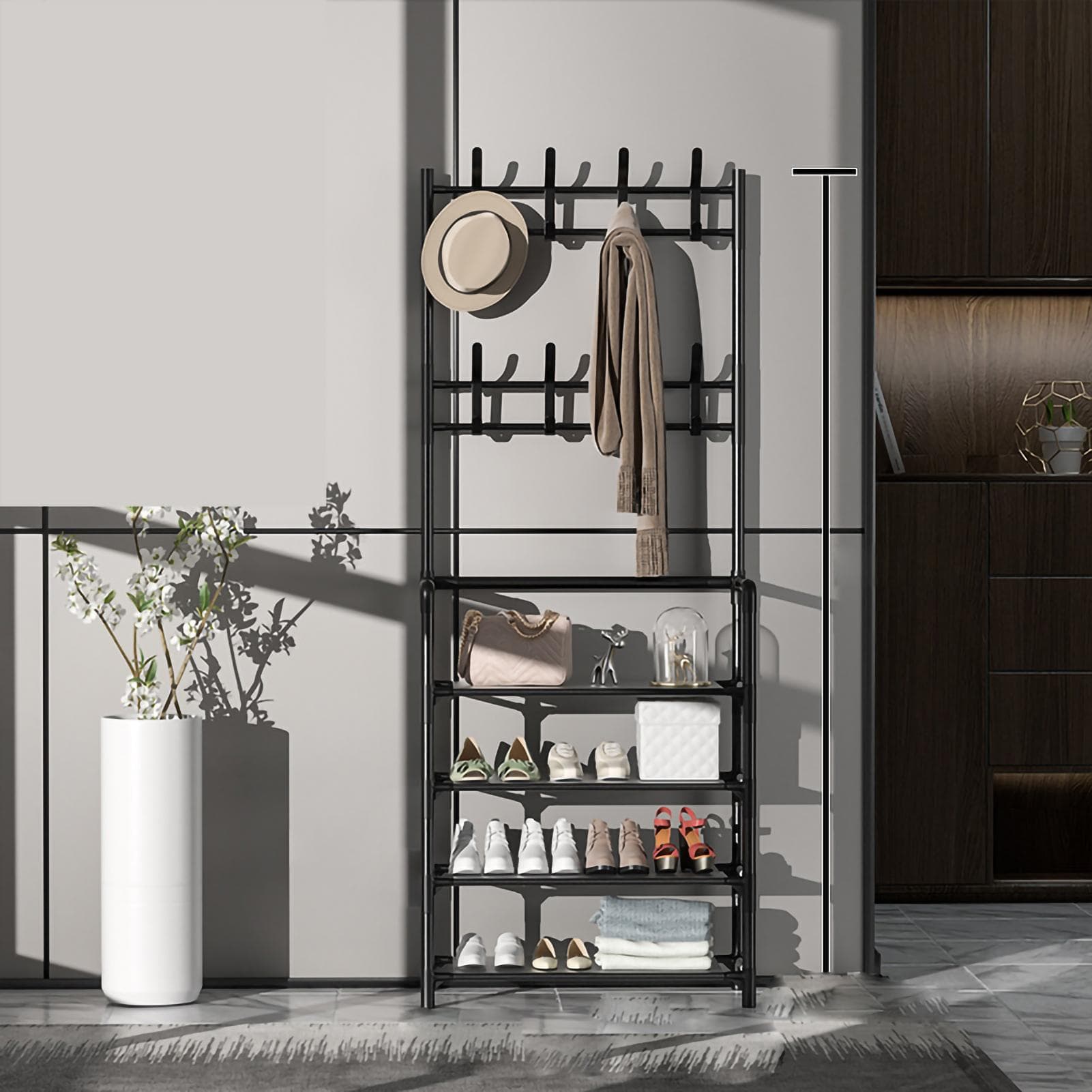 Standing Coat Rack Modern Metal Clothes Garment Hanging Storage Shelf Hanger for Entrance Hall 60cm 4 Layer black