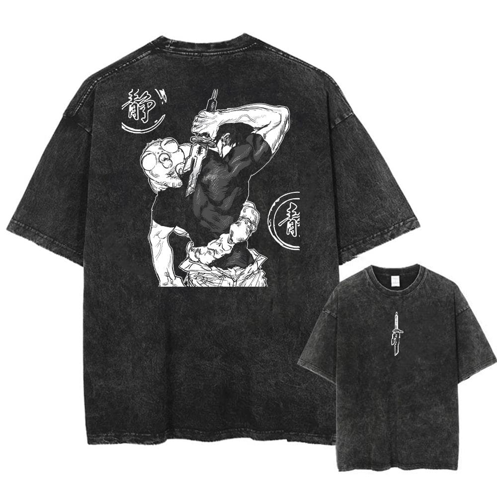 Men Streetwear Washed Acid Oversized T Shirt Japanese Anime Retro Worn Graphic Print T-Shirt Short Sleeve Tees M
