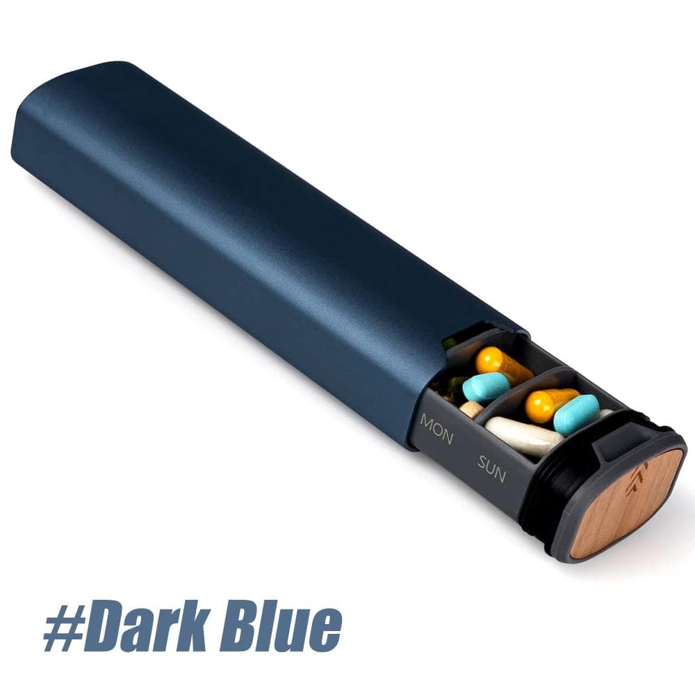 1Pcs 7 Day Weekly Pill Organizer Aluminum Alloy And Wood Large Capacity Pill Box For Pills Vitamins And Medicine dark blue