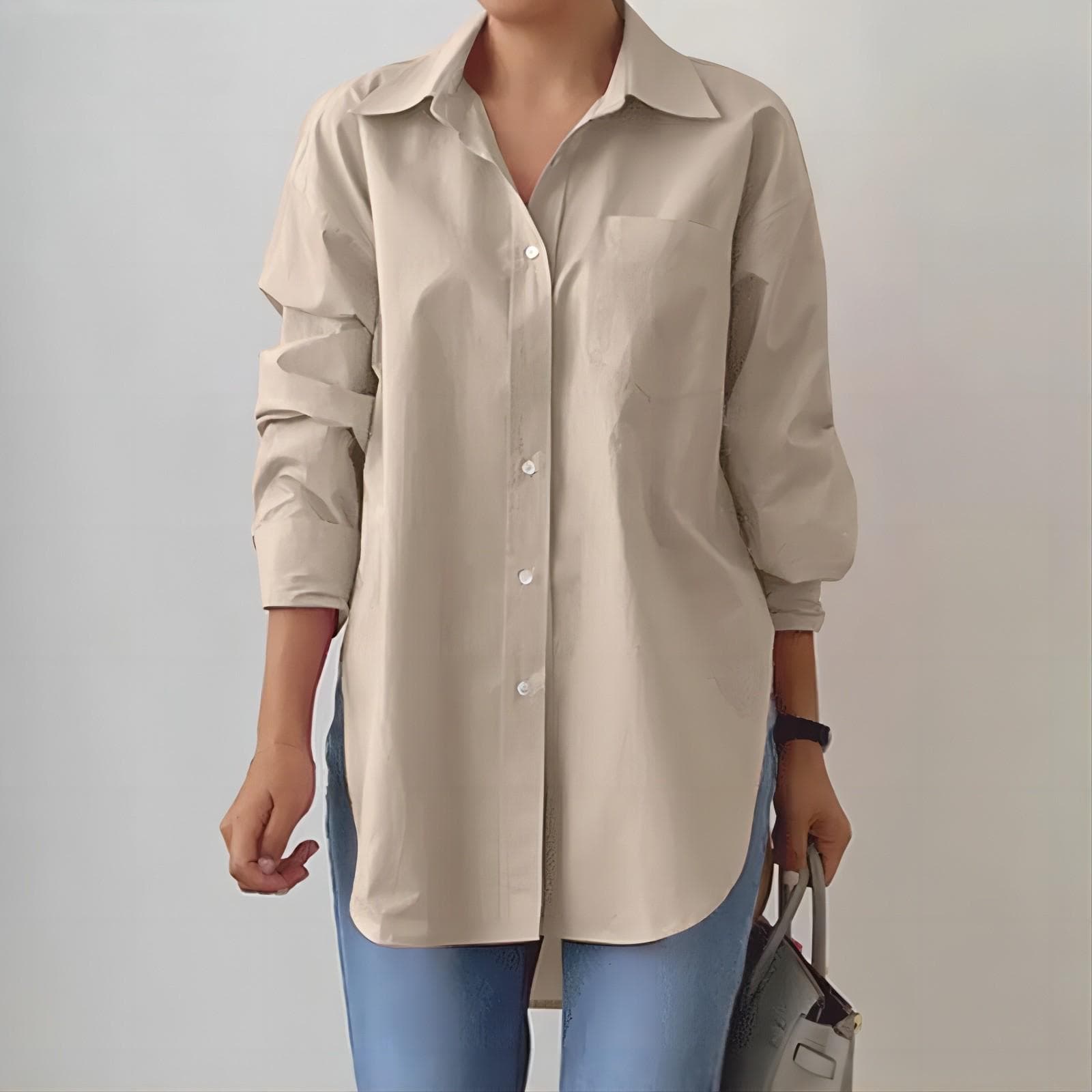 2024 Women's Oversized Lapel Shirt - Elegant Long-Sleeve, Solid Color, Slit Hem for Spring and Autumn 3XL khaki