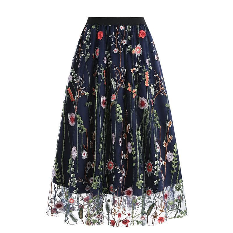 Vintage Mesh Flower Embroidered Skirt Elegant Sweet A-line Skirt For Spring Summer S blue