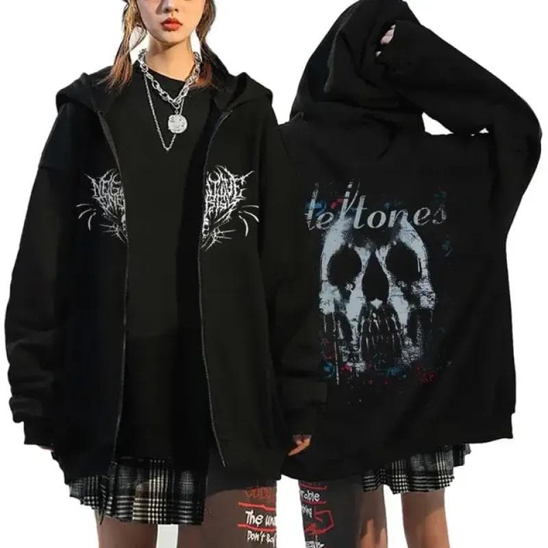 Gothic Style Heart Print Hoodies Women Fleece Zipper Hoodie Harajuku Streetwear Sweatshirts Loose Casual Y2K Zip Up Jacket L