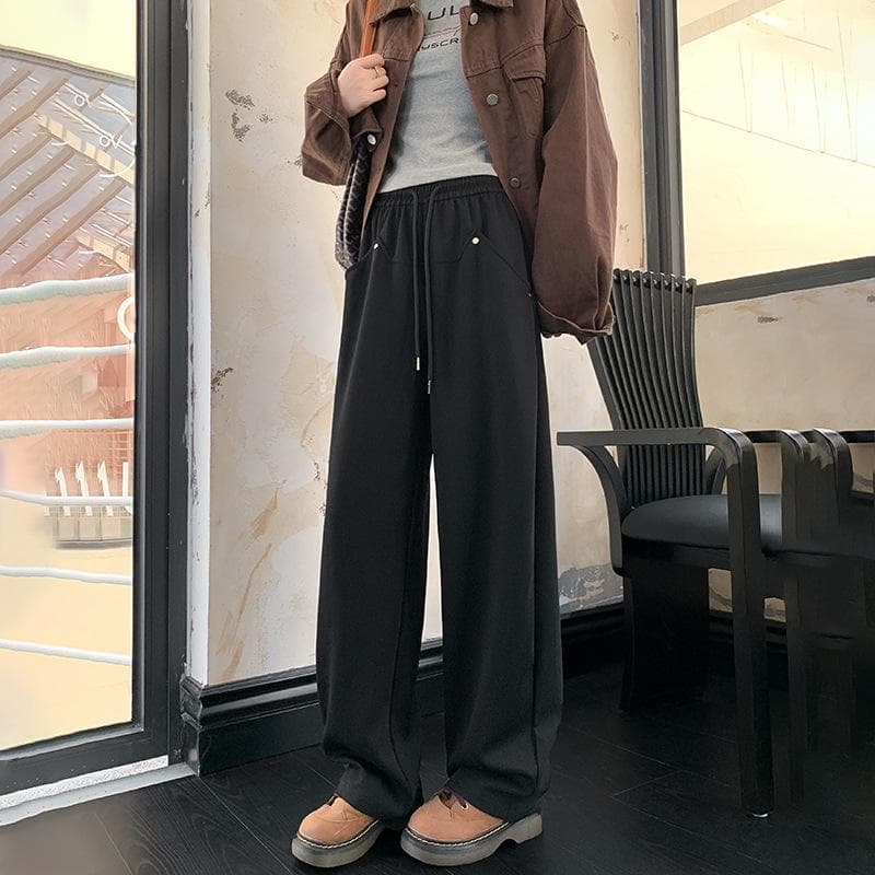 Grey Rivet Sports for Women, Winter High Waisted Drawstring Straight Leg Pants, Loose Casual Wide Leg Pants XL