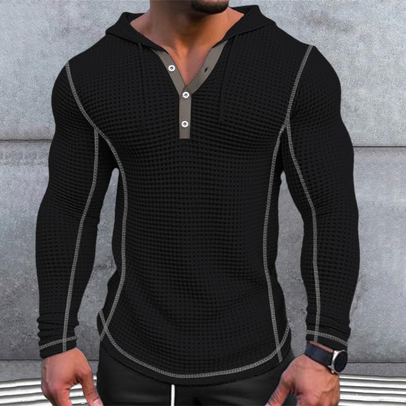 Men's Waffle Top Buttoned Hoodie T-shirt Long Sleeved Casual Fashion Hoodies & Sweatshirts Men’s M black
