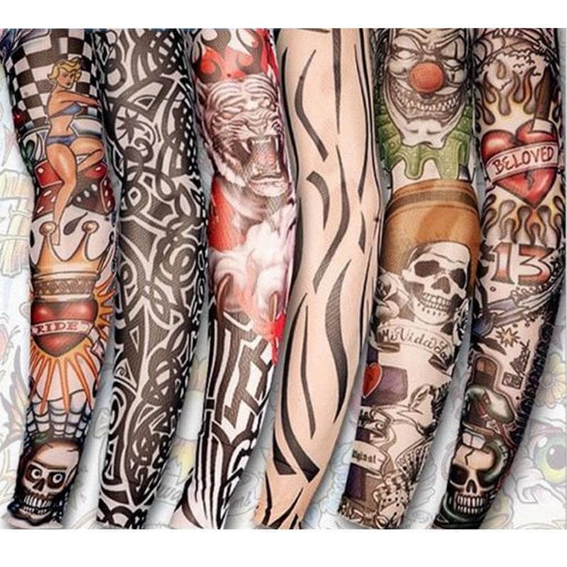 8PCS Set Arts Fake Temporary Tattoo Arm Sunscreen Sleeves Designs Tiger Clown Crown Heart Skull Tribal and Etc 1 random pair