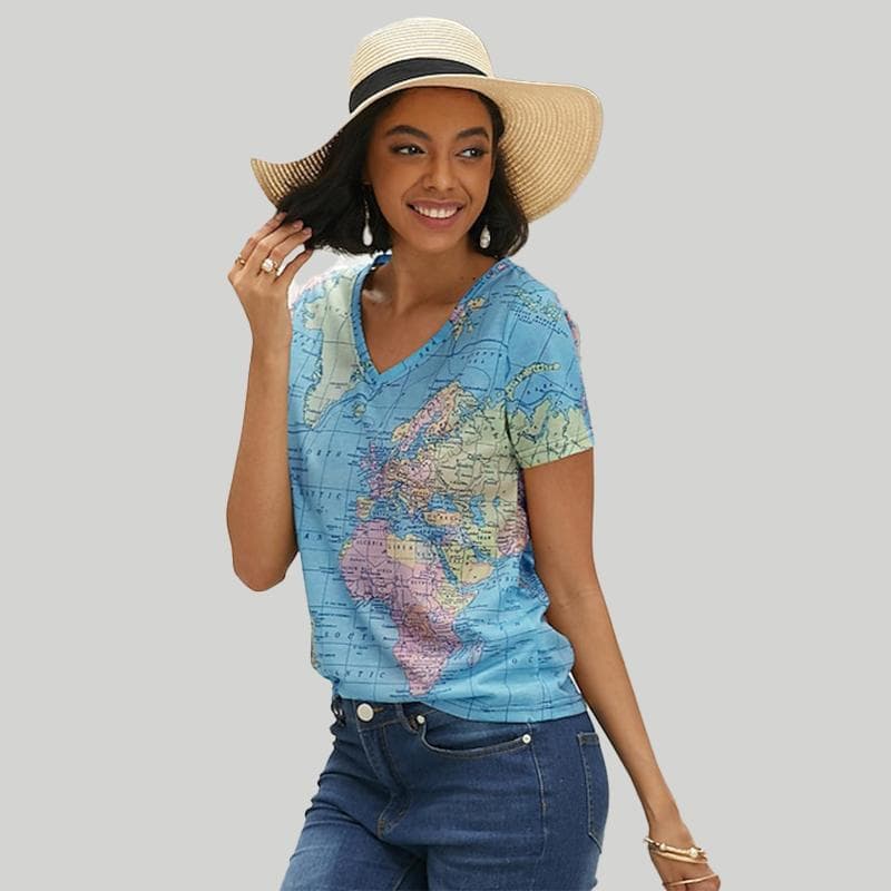 Women's V-neck Short Sleeved World Map Printed Top Loose T-shirt Casual Shirt XS blue