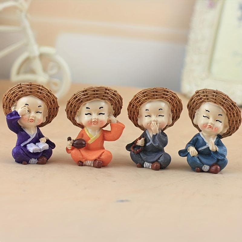 4pcs Cartoon Car Ornaments, Straw Hat Little Monk Car Decoration, Cute Little Shamrock Car Accessories 4pcs