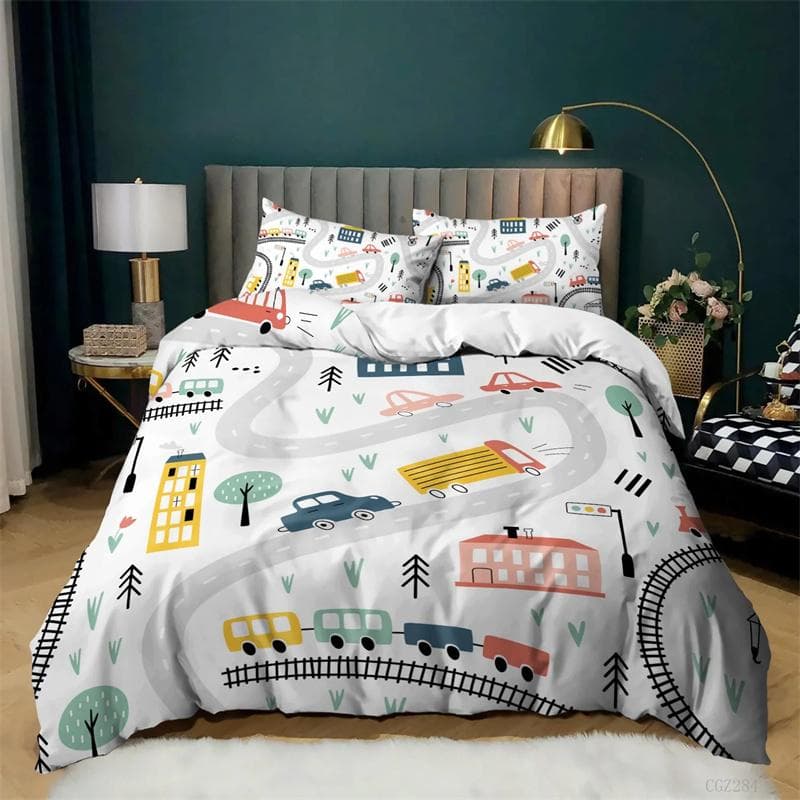 Kids Excavator Tractor Truck for Children Boys Girls Bedroom Decor Construction Vehicle Cartoon Duvet Cover Crane Quilt Cover 135x200cm 2pcs