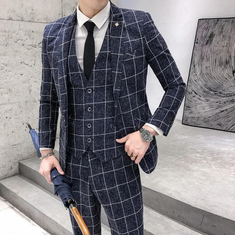 Jacket + Vest + Pants Men's Fashion Boutique Plaid Formal Business Suit Slim Stripe Wedding Blazers Coat Trousers Waistcoat Plus Size 4XL dark blue