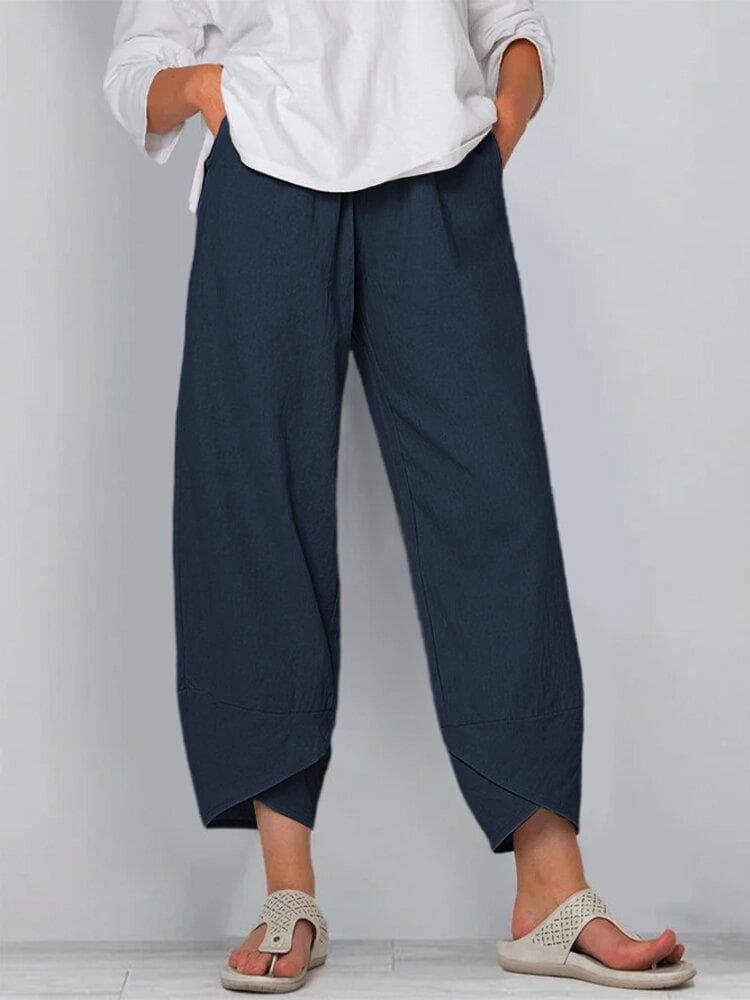 Women's Loose Waist Cotton and Linen Trousers, Loose Casual Pants L navy blue