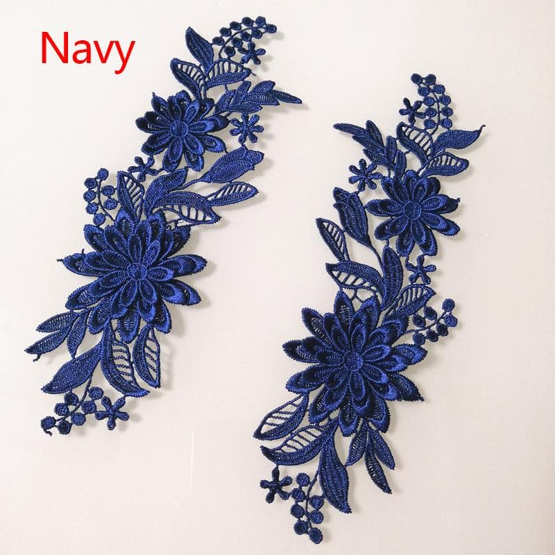 1 Pair Embroidery Applique 3D Lace Trim Flower Fabric Craft Sewing Motif DIY Patches Dark blue