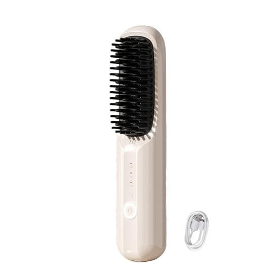 Cordless Hair Straightener Brush 3 Temp Adjustable Fast Heating USB Rechargeable Portable Negative Ion Hot Brush Electric Curly Hair Styling Comb beige