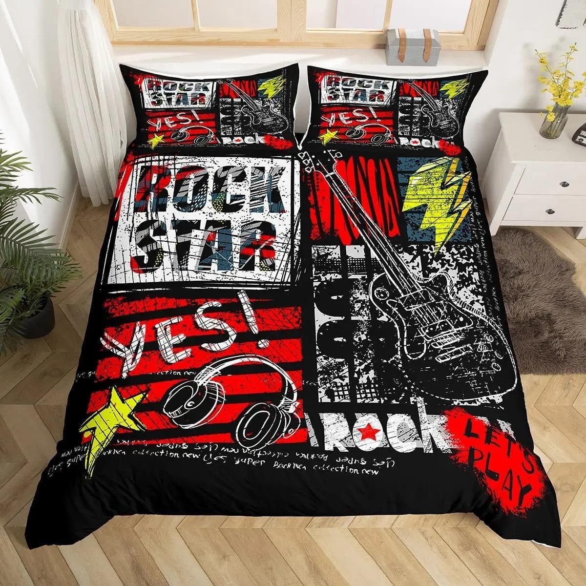Guitar Bedding Set Punk Rock Music Duvet Cover Set For Kids Teens Boys Young Man Rotating Musical Instrument Comforter Cover 155X220cm-3pcs