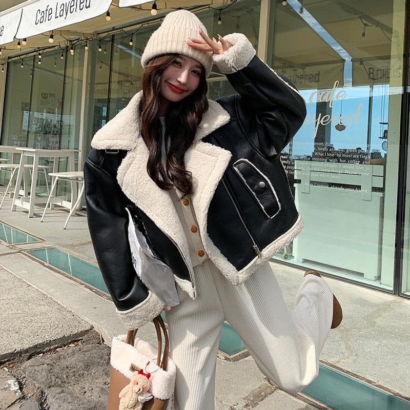 Black Short Pu Lamb Wool Coat for Women Winter New Style Thickened Fur All-in-one Motorcycle Cotton Jacket for Small People XL black