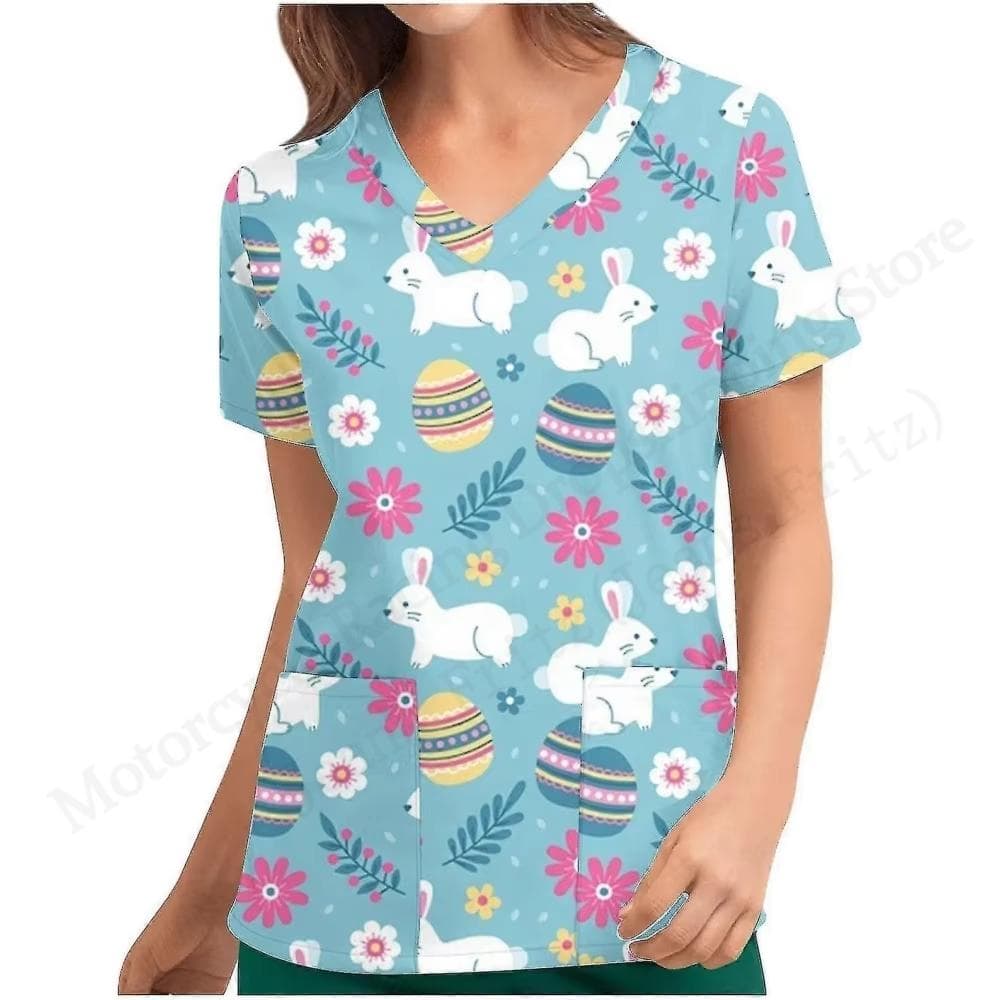 V-Neck Pocket Women Nurse Uniform Cartoon Rabbit 3d Print Medical Nursing Scrubs Female Working Tops Uniforme Hospital New 2025 8XL