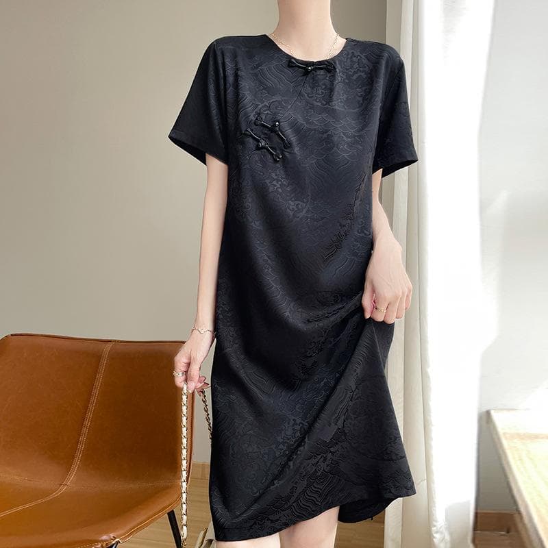 New Summer Short-sleeved Dress for Women Acetic Acid Satin New Chinese Style Fashionable Casual Mid-length Temperament Skirt XXXXL black