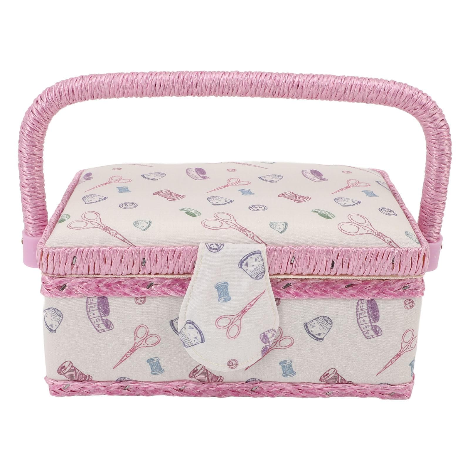 Sewing Basket Fabric Organizer Portable Embroidery Mending Storage Box with Removable Tray