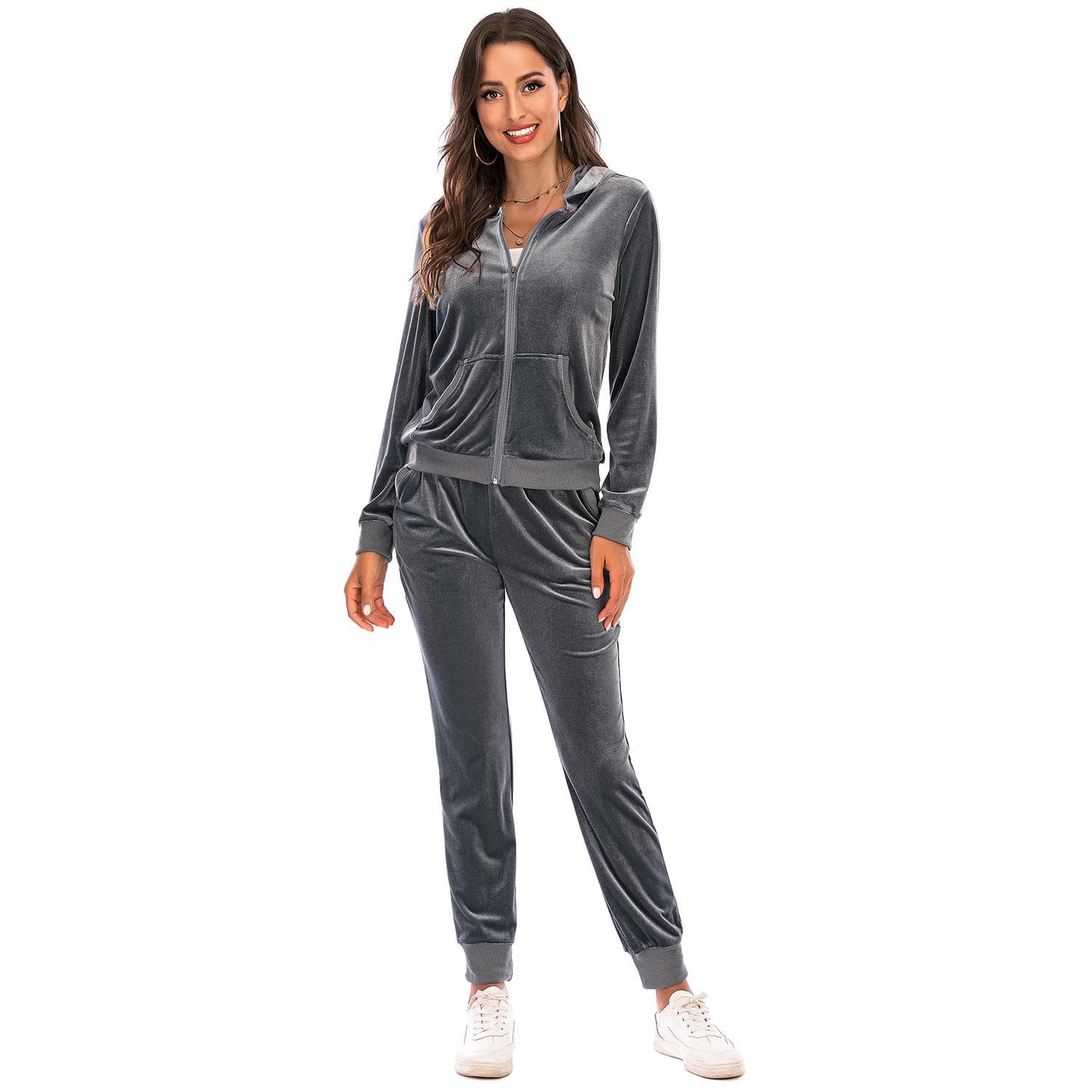 Women's Velvet Velour Super Soft Stretch Lounge Jacket Top and Bottom Set with Relaxed Zip Up Hoody and Jogger Sports Tracksuit M grey
