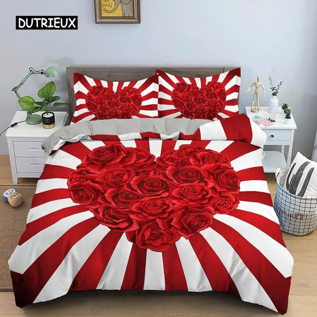 3D Rose Heart Bedding Set Nordic Duvet Cover 150x200 220x240 King Size Quilt Cover Modern Cat Wolf Print Pillowcase No Bed Sheet 70x133cm 2pcs