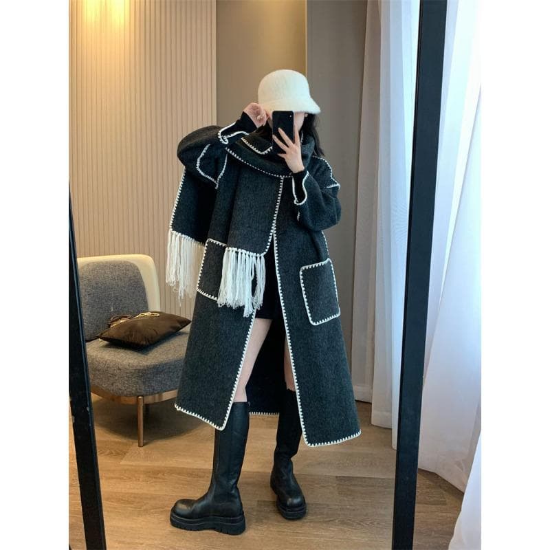 Topstitch Contrasting Scarf Design Double-sided Coat for Women Winter Long Loose Woolen Coat for Women M