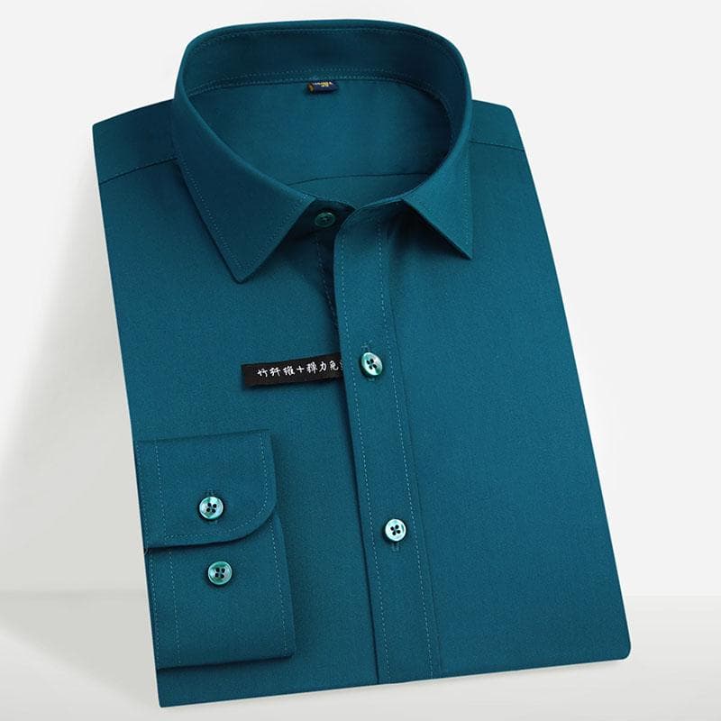 Men's Classic Business Silky Bamboo-fiber Long Sleeve Easy Care Pocketless Shirt 39 dark green