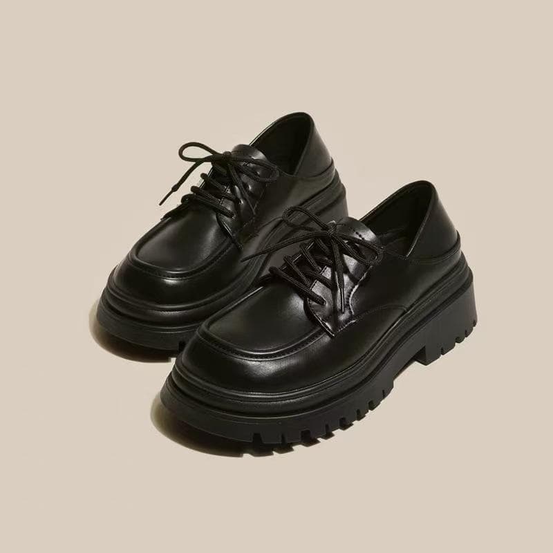 British style platform small leather shoes women's 2025 spring new small muffin jk college single shoes lace-up loafers 35 black