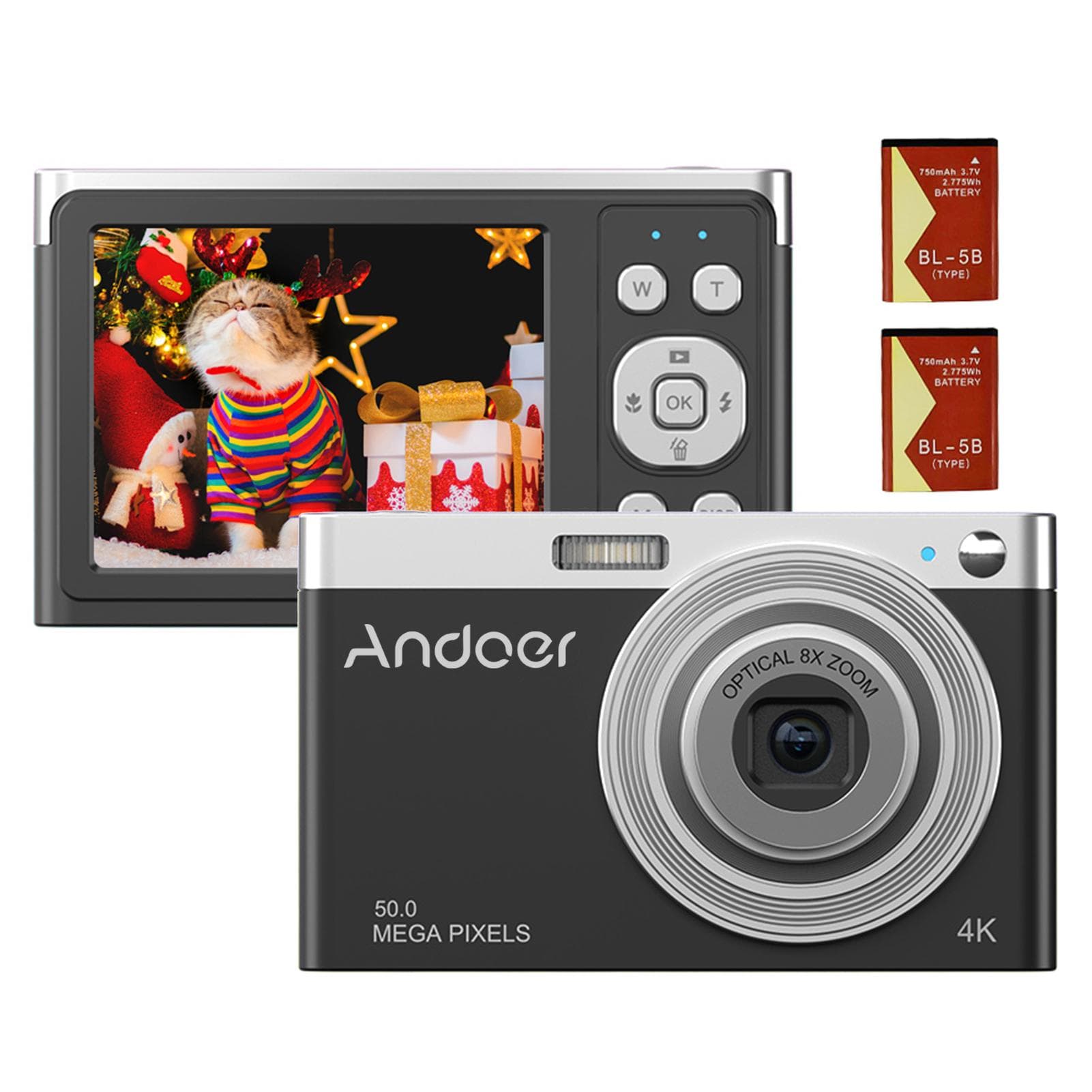 Andoer Portable 4K Digital Camera Video Camcorder 50MP 2.88 Inch IPS Screen Auto Focus 16X Zoom(8X black