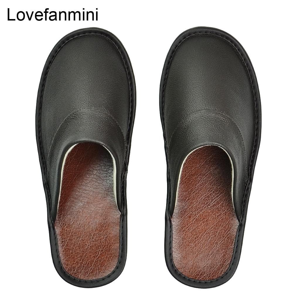 Cow Leather slippers men big sizes Linen home male indoor house for Men's slippers women man slipper Luxury soft Flat shoes 42-43 black
