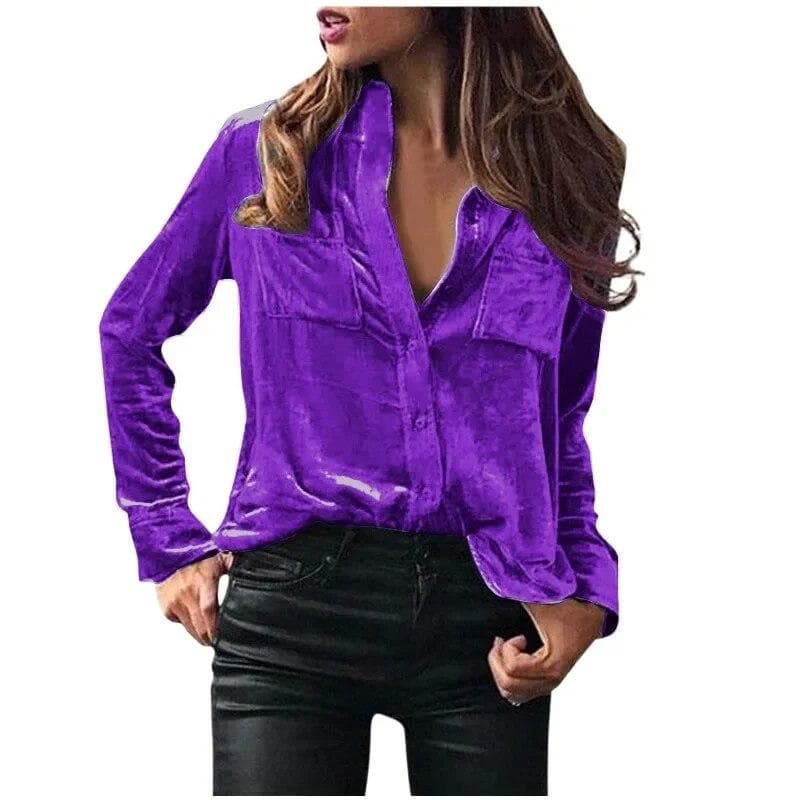 Fashion Long Sleeve Pockets Loose Women Blouse Elegant Solid Button Up Simple Shirt Woman Tops Spring Autumn Velvet Shirts 30538 XL lavender