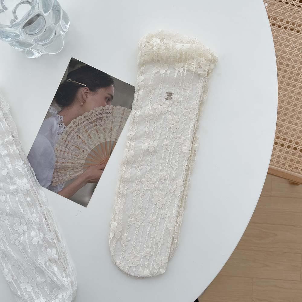 New Girls' Fashion Summer Hollow Out Soft Cute Fresh Lace Flower Breathable Japanese Socks Elegant Ladies Mesh Thin One Size beige