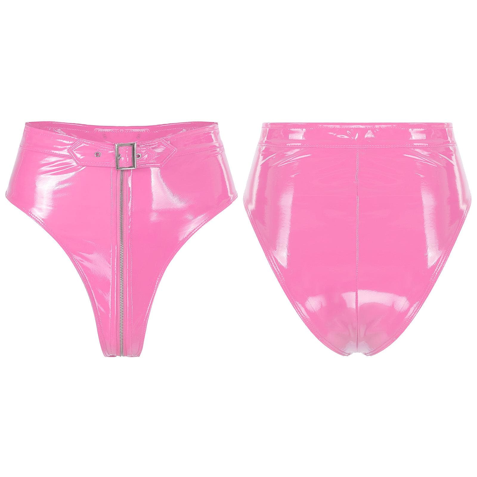 Women High Waist PV Leather High Cut Short with Front Zipper 3XL pink