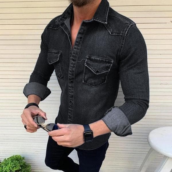 Mens Long-sleeved Denim Jacket Washed Denim Men Casual Slim Jeans Shirt L black