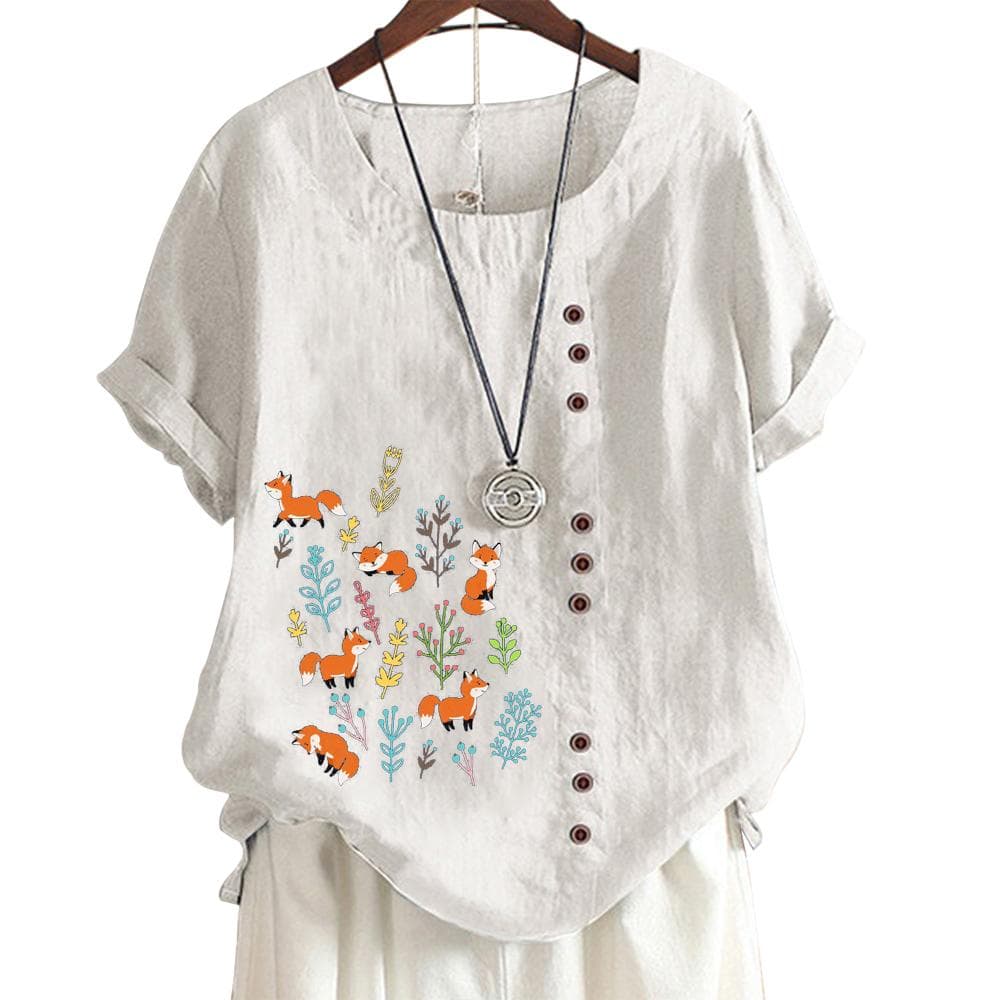 Stylish Pattern Print Women's Comfortable Cotton Linen Casual Tee with Round Neck and Short Sleeves S-5XL L