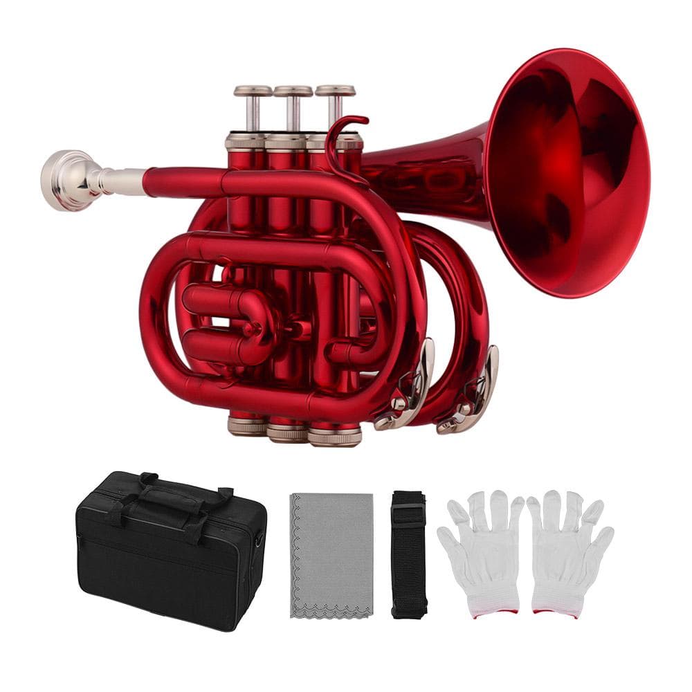 Pocket Trumpet Bb Flat Brass Material Wind Instrument w/Cleaning Cloth Case red