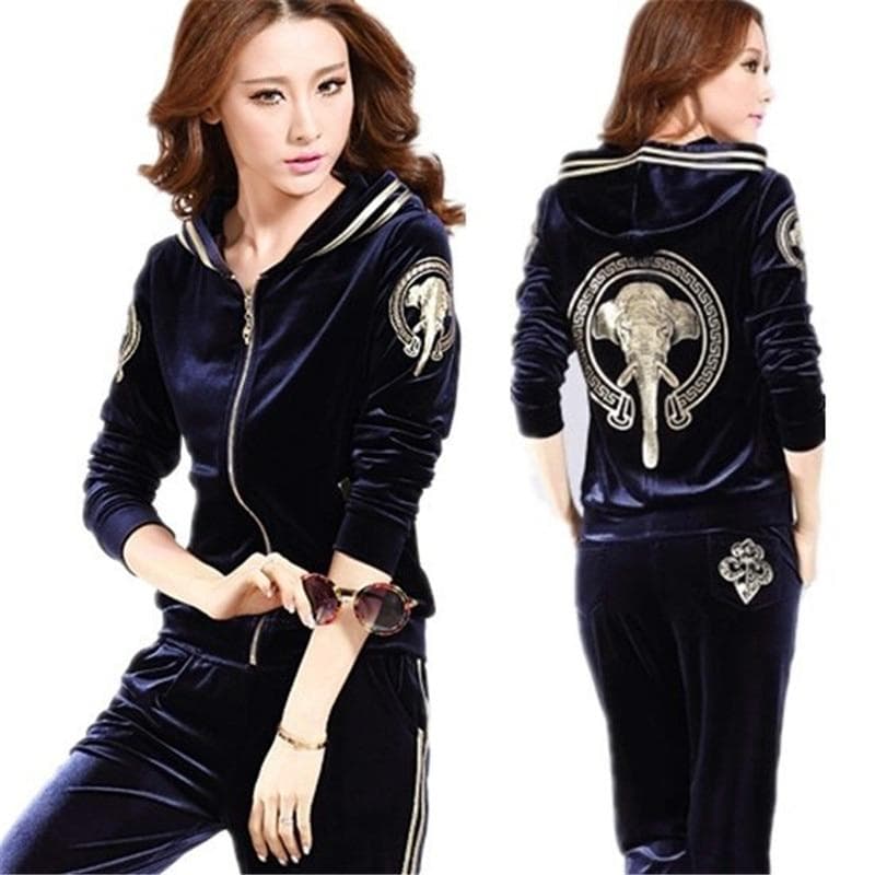 Women's Spring Velvet Tracksuits with Hooded Jacket and Trousers in Plus Size M sapphire blue