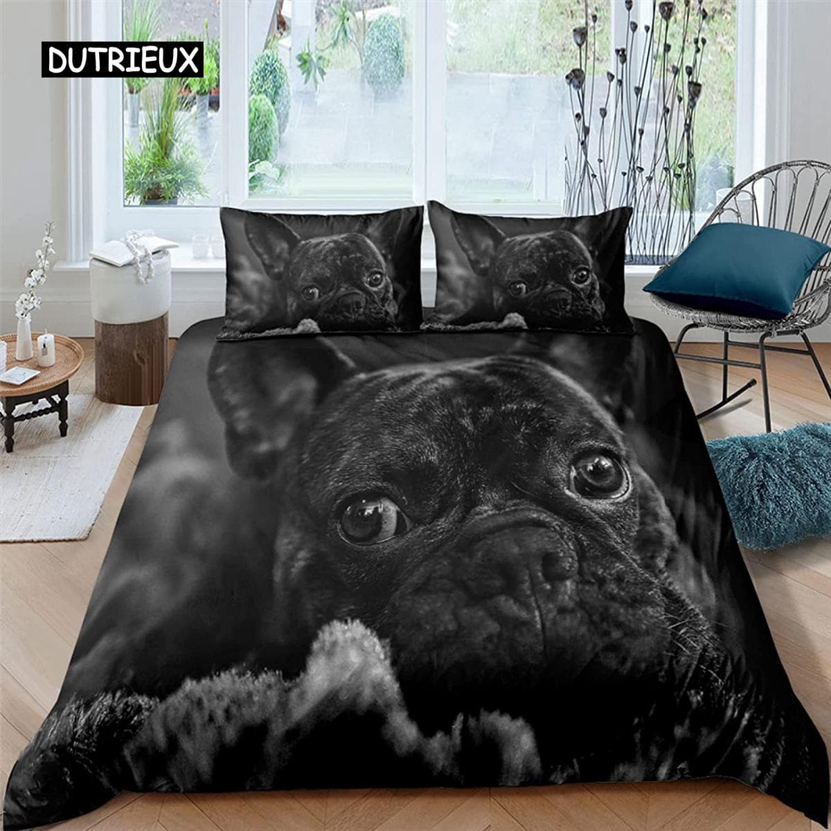 Bulldog Duvet Cover French Bulldogs Bedding Set Twin Polyester Chocolate Puppy Pet Doggy Animal Quilt Cover for Dog Lover Gifts 150x200cm 3pcs