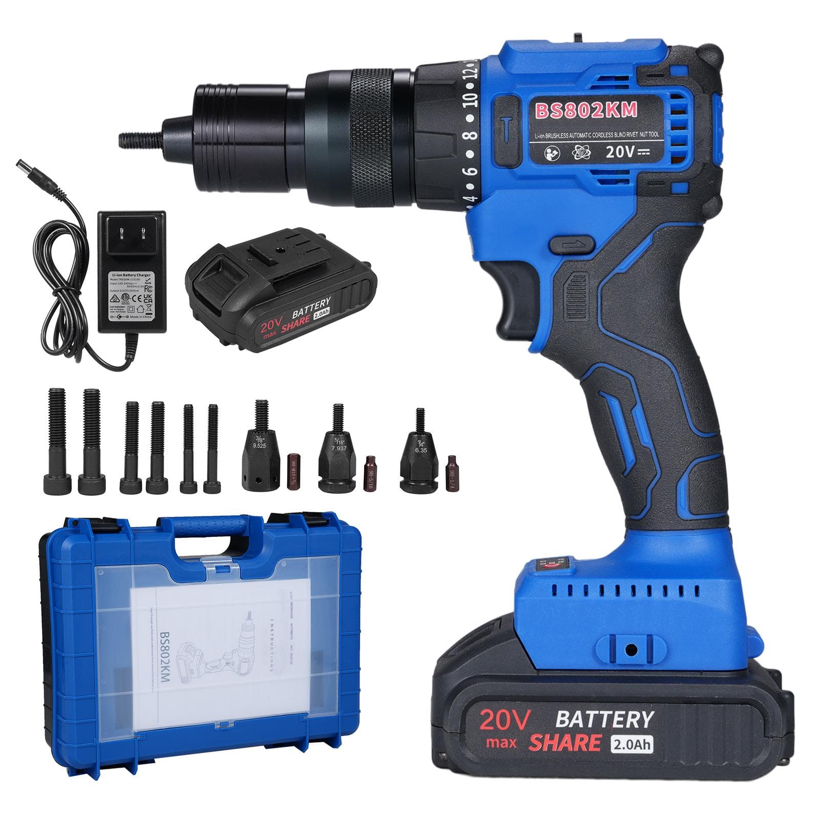 20V Cordless Rivet Machine with 2.0Ah Battery, 2-in-1 Electric Rivet Nut Kit with Memory Mode and blue