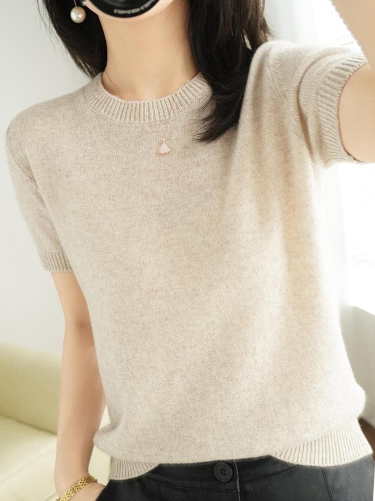 Women's Short-Sleeve Knit Pullover - Round Neck, Loose Fit for Spring & Autumn XL