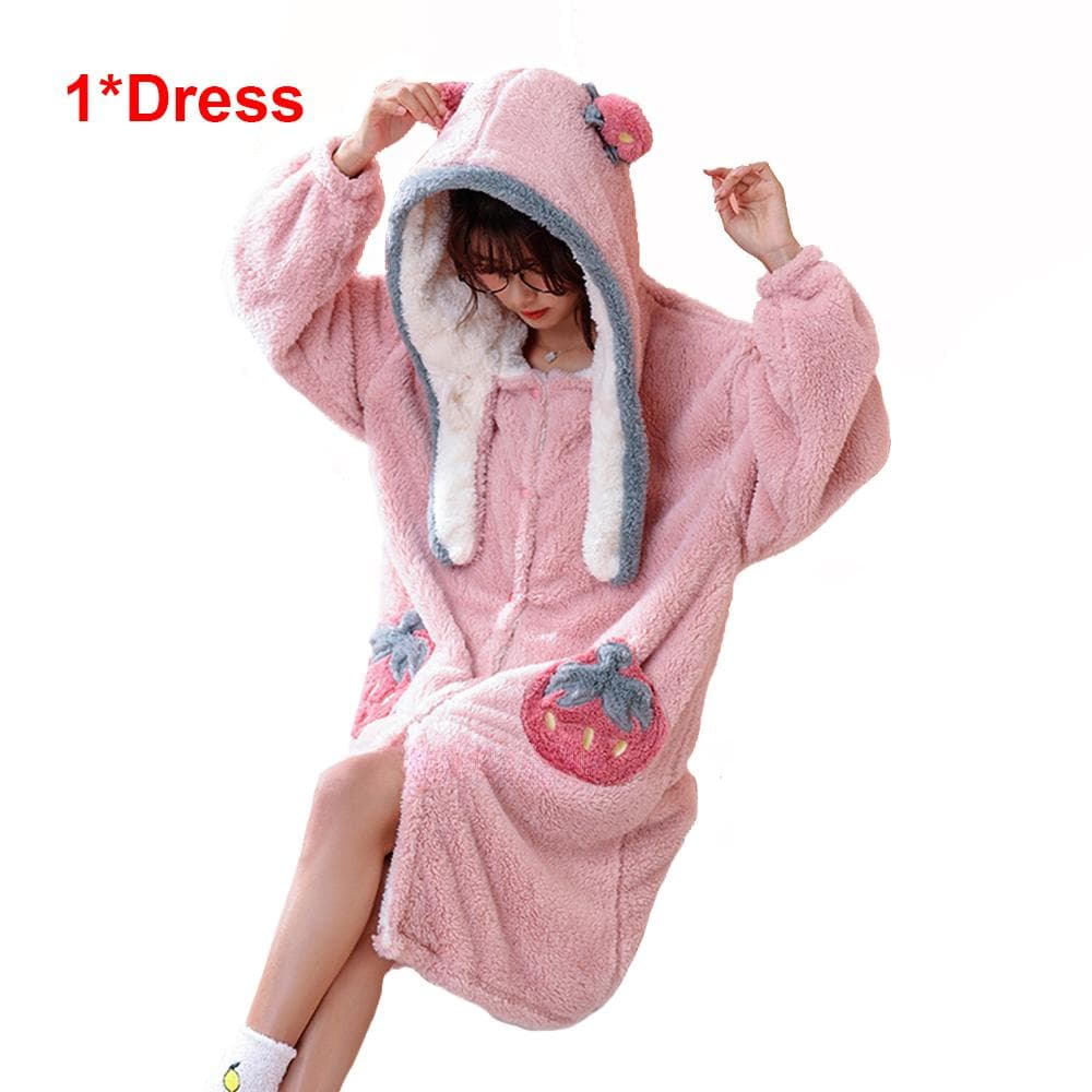 Kawaii Pajamas Set for Womens Girls Flannel Bathrobe Warm Winter Cartoon Sleepwear Pyjamas Long Robes with Pants Women Nightwear XL