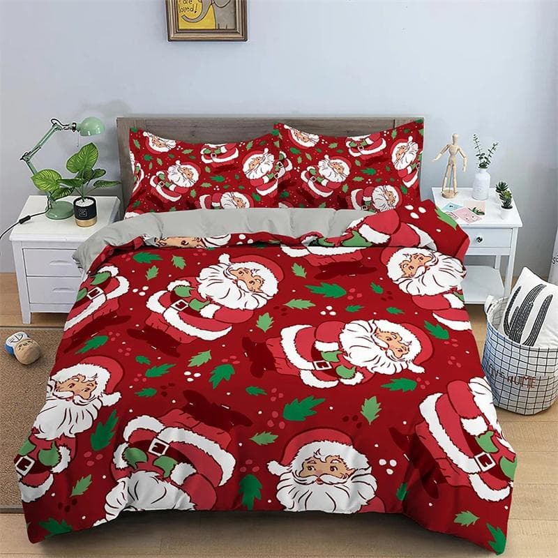 Red Christmas King Queen Duvet Cover Cartoon Santa Claus Bedding Set for Kid Boy Girl Happy Holiday 2/3pcs Polyester Quilt Cover 135X200cm-2pcs