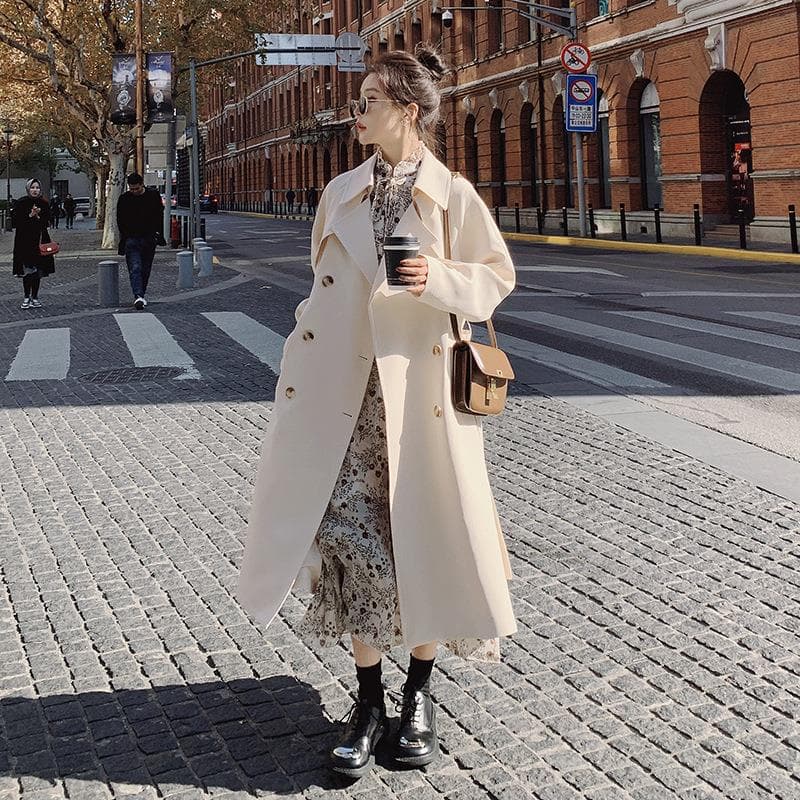 White Trench Coat for Women, Mid-length Spring and Autumn New Korean Style Casual Loose Hepburn Style Coat L