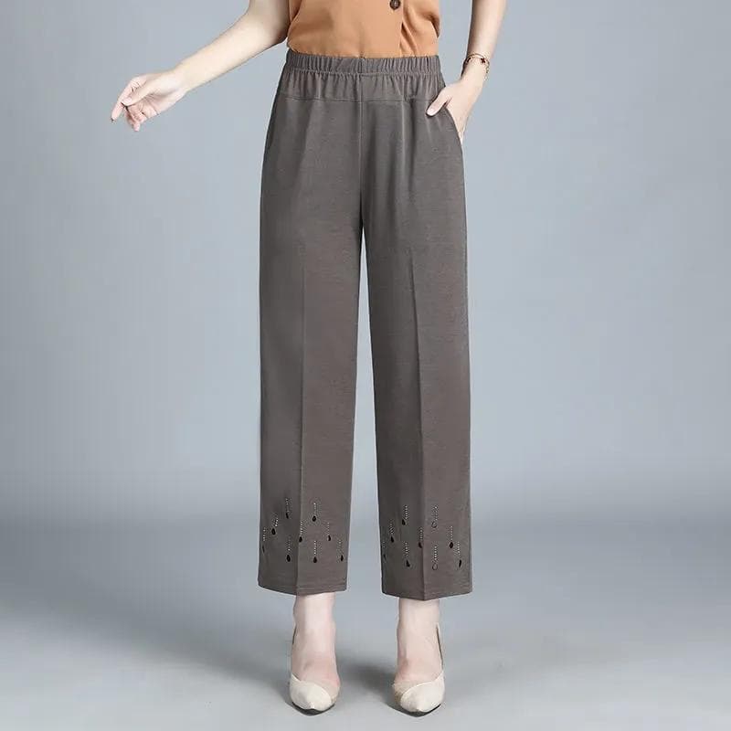 Summer Womens Thin Cropped Pants Elastic High Waist Straight Pants Hollow Loose Middle-aged Female Casual Pants XXXXXL grey