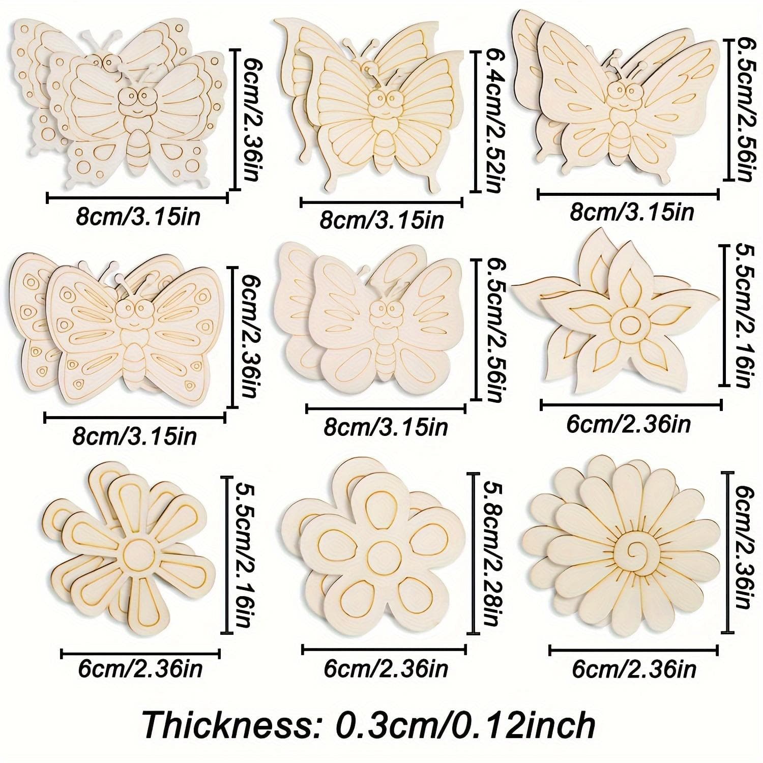 18-Pack Unfinished Wood Cutouts, Butterfly and Flower Shapes for Painting, 9 Styles, DIY Craft Blanks for Home Decor Hanging Ornaments 18pcs