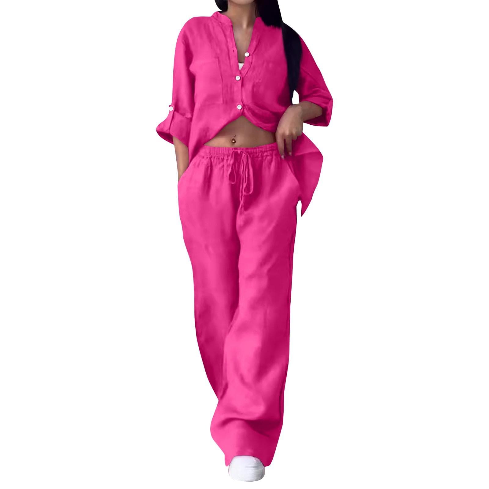 Women's 2-piece Casual Cotton And Linen Solid Color Shirt And Drawstring Wide Leg Pants Set XXL hot pink