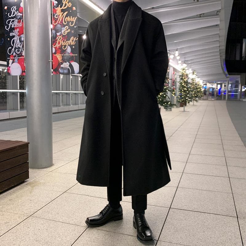 Men's Winter Korean Version of High-end Knee Trench Coat Loose Retro Thickened Woolen Jacket Trendy L